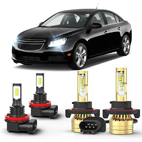 Fit for Chevy Cruze 2011 2012 2013 2014 2015 LED Light Bulbs Combo, 9008 High Low Beam + H8 Fog Light Bulbs, 6000K White,50000hours,11000lm,Plug and Play,Pack of 4