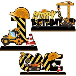 Construction Wooden Table Centerpiece Construction Birthday Party Supplies Truck 3rd Letter Sign for Boys Kids Birthday Decorations, 3 Pcs