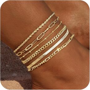 Gold Ankle Bracelets for Women Waterproof 14K Gold Plated Anklets Layered Cuban Link Chain Herringbone Cute Anklets Set Pack Dainty Summer Beach Jewelry Gift for Women