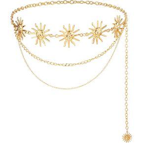 Waist Chain Belt Metal Gold Belts for Women Sun Moon Chain Belt, Gold Waist Chain Gold Waist Belt Western Belts for Woman, Body Belly Belt Chains Fashion Accessories for Dress Jeans