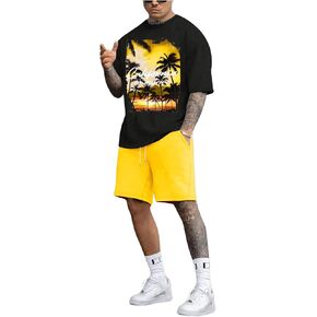 Men's 2 Piece Outfits Short Sleeve Graphic Tee Shirt and Drawstring Waist Shorts Set in Saudi Arabia