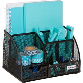 Office Desk Organizers and Accessories - 6 Compartment Black Mesh Office Organizer with Sliding Drawer, Desktop Organizer Caddy for Storing Pens, Pencils, Notepads, Staplers, Bills, Paper Clips