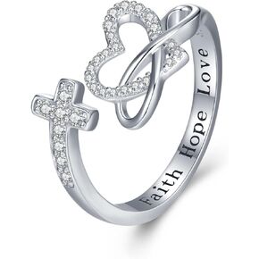Cross Heart Ring 925 Sterling Silver Faith Hope Love Ring Infinite Heart Adjustable Ring for Women Inspirational Jewelry Gifts for Women