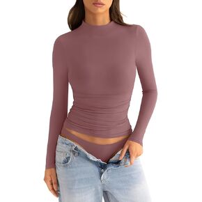 Womens Mock Neck Long Sleeve Shirts Ruched Double Lined Top Fit Tight Turtleneck Tee Fall Clothes 2024