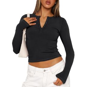 Trendy Queen Long Sleeve Shirts for Women Fall Fashion Outfits Clothes V Neck Henley Crop Tops Y2K Tops