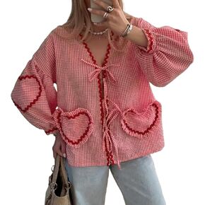 Tie Front Tops for Women Gingham Babydoll Bow Top Puff Sleeve Coquette Tops Heart Long Sleeve Cute Spring Tops