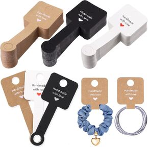Swpeet 150Pcs 2" x 4" Self Adhesive Bracelet Thick Paper Love Display Cards with Pre-Drilled Holes Including Black, White, Kraft 3 Styles Cards Assortment Kit, Hanging Cards for Jewelry Earring Retail