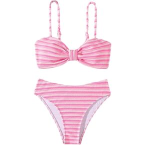 SOLY HUX Bathing Suit for Women Striped Ruched Bikini Sets Two Piece Swimsuit