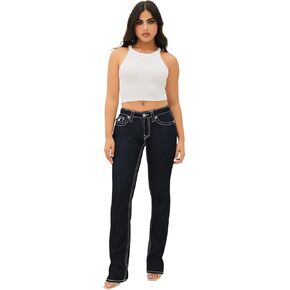 True Religion Women's Becca Mid Rise Bootcut Flap Big T Stitching Jeans for Women - Body Rinse
