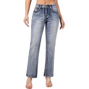 roswear Women's Straight Leg Jeans Casual Mid Rise Stretchy Denim Pants Trendy Trouser Jeans