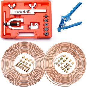 25 ft 1/4" + 3/16" Copper Coated Brake Line Kit (Includes 32 Fittings and 8 Unions) + Tube Bender + Brake Line Double & Single Flaring Tool Kit
