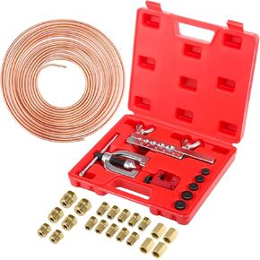 25 ft 3/16'' Copper Coated Brake Line Kit with 16 Fittings and 4 Unions Brake Line Fittings,Brake Line Double & Single Flaring Tool Kit,Fits for Most Hydraulic Braking Systems,Fuel Systems