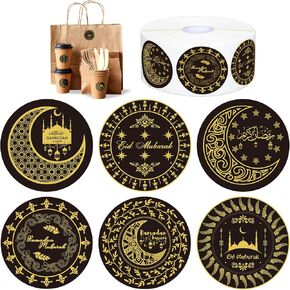 Whaline 1000Pcs Ramadan Stickers Roll Moon Flower Pattern Eid Mubarak Stickers Self-Adhesive Islamic Muslim Decoration Ramadan Labels for Eid Party Decorations Ramadan Party Supplies, 6 Design