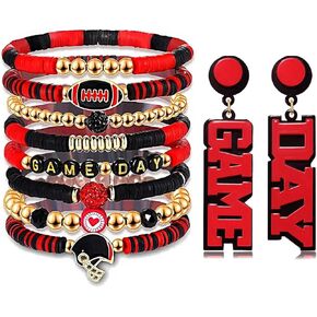 Game Day Bracelet Earrings for Women Football Bracelets Red Black Heishi Beaded Stretch Bracelet Red Blue Yellow Purple Field Day Accessories Game Day Football Mom Jewelry Accessory Outfits Gifts