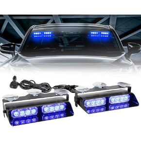 Blue LED Emergency Dash Strobe Light Traffic Advisor Light Bar 2x7.2 Inch Car Interior Light w/Suction Cups, 16 Modes 12V Blue LED Windshield Dash Strobe Light for Truck Vehicles Plow