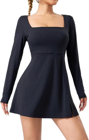 Womens Square Neck Tennis Dress Long Sleeve Mini Golf Athletic Dresses with Shorts in Saudi Arabia