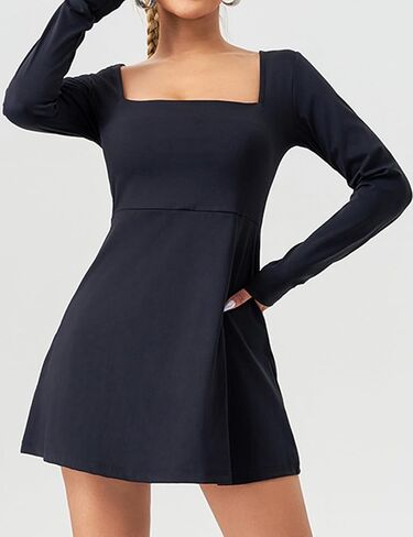 Womens Square Neck Tennis Dress Long Sleeve Mini Golf Athletic Dresses with Shorts in Saudi Arabia