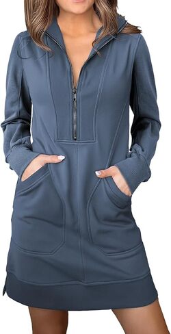 AlvaQ Sweatshirt Dress for Women Fall Winter Casual Long Sleeve Half Zip V Neck Pullover Tunic Tops Mini Dress with Pockets in Saudi Arabia