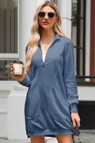 AlvaQ Sweatshirt Dress for Women Fall Winter Casual Long Sleeve Half Zip V Neck Pullover Tunic Tops Mini Dress with Pockets in Saudi Arabia