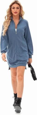 AlvaQ Sweatshirt Dress for Women Fall Winter Casual Long Sleeve Half Zip V Neck Pullover Tunic Tops Mini Dress with Pockets in Saudi Arabia
