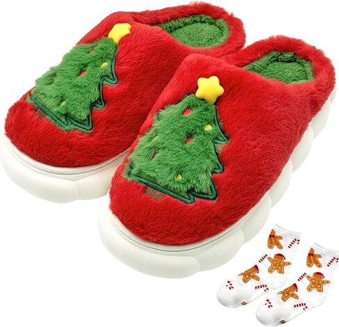 FOCUSIN Christmas Reindeer Slippers House Shoes for Women Fluffy Soft Cozy Bedroom Cartoon Plush Cute Slippers for Indoor Outdoor Use in Saudi Arabia