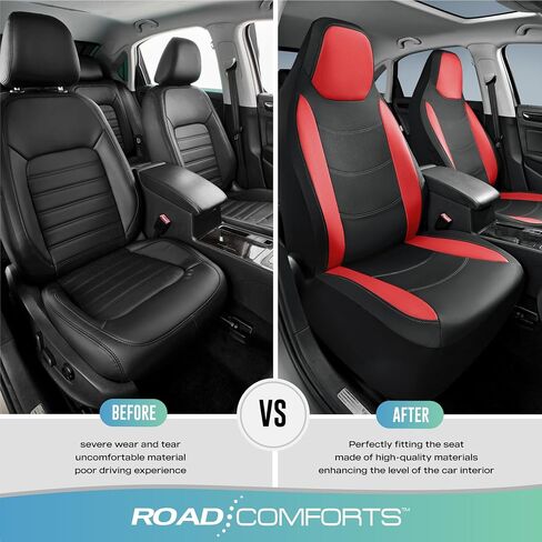 غطاء مقعد السيارة Road Comforts، أغطية مقاعد السيارة الجلدية الأمامية، أغطية مقاعد السيارة الرياضية ذات الظهر المنخفض، متوافقة مع الوسائد الهوائية، مناسبة لمعظم السيارات (أحمر) in Saudi Arabia