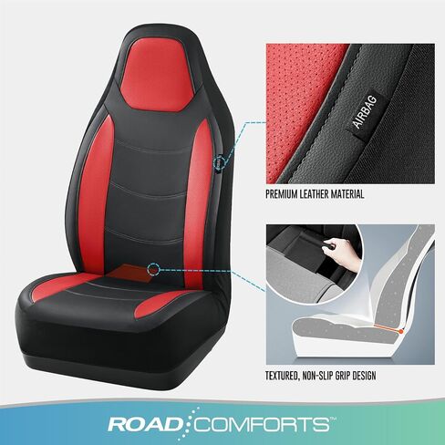 غطاء مقعد السيارة Road Comforts، أغطية مقاعد السيارة الجلدية الأمامية، أغطية مقاعد السيارة الرياضية ذات الظهر المنخفض، متوافقة مع الوسائد الهوائية، مناسبة لمعظم السيارات (أحمر) in Saudi Arabia