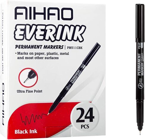 علامات AIHAO الدائمة، مجموعة أقلام تحديد ذات رأس رفيع 0.4، أسود، عدد 24 قلمًا للرسم والتلوين ووضع العلامات والكتابة in Saudi Arabia
