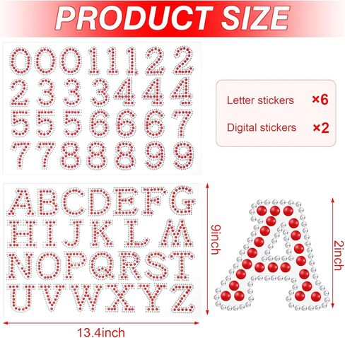 Towfed 214 Pcs 8 Sheets Pearl Self Adhesive Stickers 6 Sheets A-Z Glitter Rhinestone Letter Stickers and 2 Sheet 0-9 Glitter Number Stickers Bling Crystal Alphabet Sticker for DIY Crafts (White+Red) in Kuwait