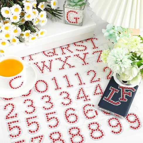 Towfed 214 Pcs 8 Sheets Pearl Self Adhesive Stickers 6 Sheets A-Z Glitter Rhinestone Letter Stickers and 2 Sheet 0-9 Glitter Number Stickers Bling Crystal Alphabet Sticker for DIY Crafts (White+Red) in Kuwait