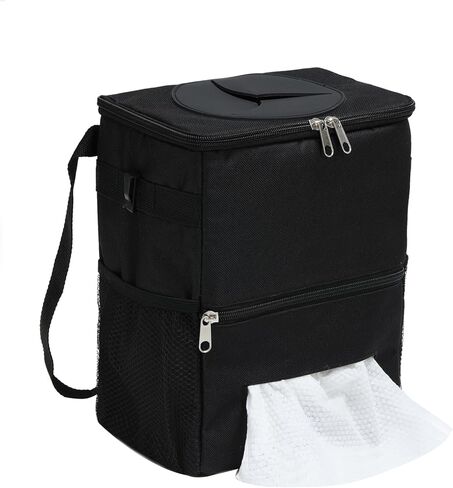 سلة قمامة السيارة مع غطاء سلة مهملات السيارة مع حقيبة مناديل معلقة حقيبة قمامة السيارة لسيارات الدفع الرباعي باللون الأسود in Kuwait