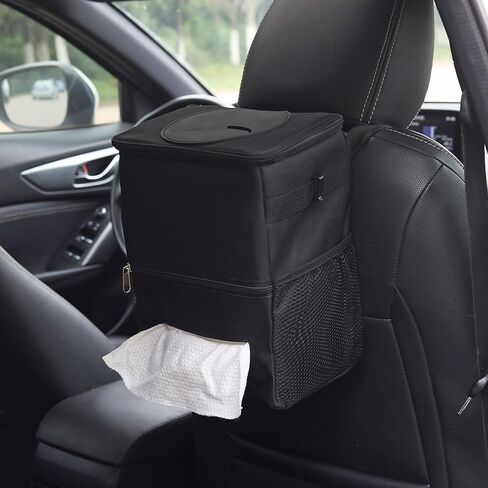 سلة قمامة السيارة مع غطاء سلة مهملات السيارة مع حقيبة مناديل معلقة حقيبة قمامة السيارة لسيارات الدفع الرباعي باللون الأسود in Kuwait