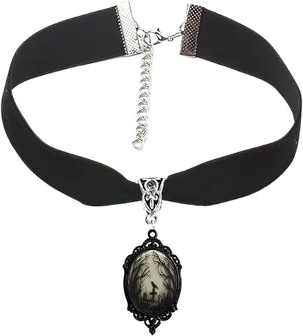 Gothic Velvet Victorian Choker Necklace,Vintage Stardust Crystal Cameo Pendant Necklace Punk Style Satan Demon Halloween Necklace Jewelry for Women in Kuwait