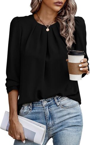 PRETTYGARDEN Women's Casual Shirts Fall Long Sleeve Round Neck Plain Pleated T-Shirts Trendy Loose Fit Work Tops Blouses in Saudi Arabia