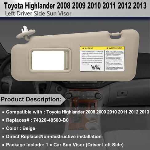 استبدال واقي الشمس من الجانب الأيسر للسائق متوافق مع Toyota Highlander 2008 2009 2010 2011 2012 2013 يستبدل # 74320-48500-B0 اللون بيج in Saudi Arabia