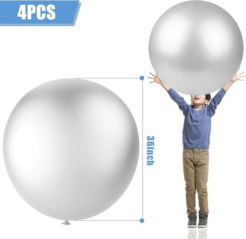 3 otters 4PCS Big Balloons, 36 Inch Silver Metallic Large Balloons Jumbo Latex Giant Balloons for Birthday Baby Shower Wedding Party Decorations in Saudi Arabia