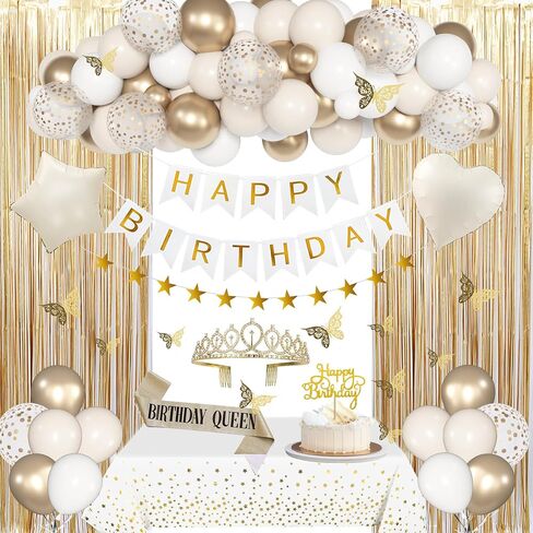 Birthday Decorations for Women, White Sand Beige Cream Neutral Gold Foil Balloons Table Cloth Sash Crown Curtains Happy Birthday Banner Golden Star Garland Butterfly Boho Party Supplies in Kuwait