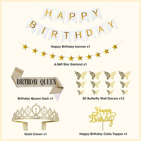Birthday Decorations for Women, White Sand Beige Cream Neutral Gold Foil Balloons Table Cloth Sash Crown Curtains Happy Birthday Banner Golden Star Garland Butterfly Boho Party Supplies in Kuwait