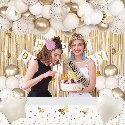 Birthday Decorations for Women, White Sand Beige Cream Neutral Gold Foil Balloons Table Cloth Sash Crown Curtains Happy Birthday Banner Golden Star Garland Butterfly Boho Party Supplies in Kuwait