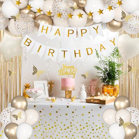 Birthday Decorations for Women, White Sand Beige Cream Neutral Gold Foil Balloons Table Cloth Sash Crown Curtains Happy Birthday Banner Golden Star Garland Butterfly Boho Party Supplies in Kuwait