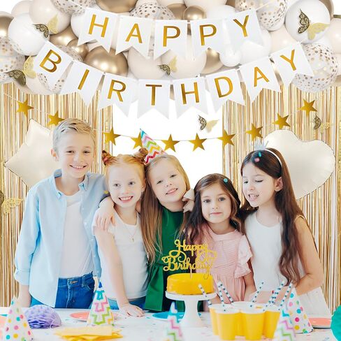 Birthday Decorations for Women, White Sand Beige Cream Neutral Gold Foil Balloons Table Cloth Sash Crown Curtains Happy Birthday Banner Golden Star Garland Butterfly Boho Party Supplies in Kuwait