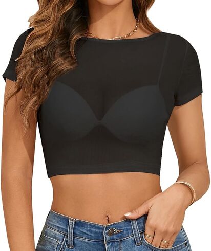 المرأة شبكة أعلى قصيرة الأكمام قمم شير الدانتيل أعلى Crewneck الصيف مثير Y2K انظر من خلال بلوزة قمصان in Saudi Arabia