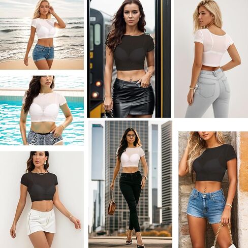 المرأة شبكة أعلى قصيرة الأكمام قمم شير الدانتيل أعلى Crewneck الصيف مثير Y2K انظر من خلال بلوزة قمصان in Saudi Arabia