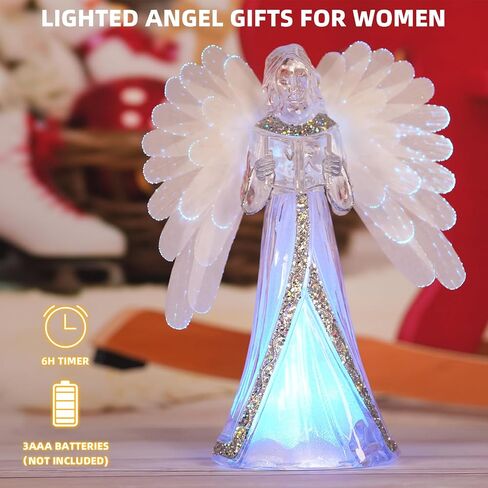Angel Snow Globe Color Changing Lamp, 8.5“ Christmas Angels Figurines with Fiber Optic Wings, Prayer Angel Lights Acrylic Statue, 6 Hour Timer, Battery Operated Christmas Home Decor in Saudi Arabia