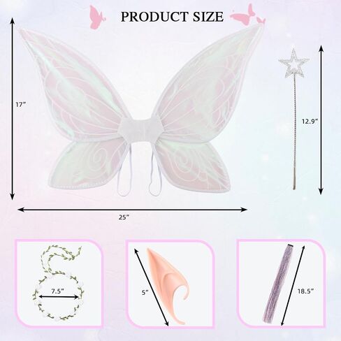 PESAAT Fairy Wings for Adult Sparkling Sheer Girls Butterfly Wings with Fairy Hair Tinsel,Elf Ears,Flower Garland,Wand in Kuwait