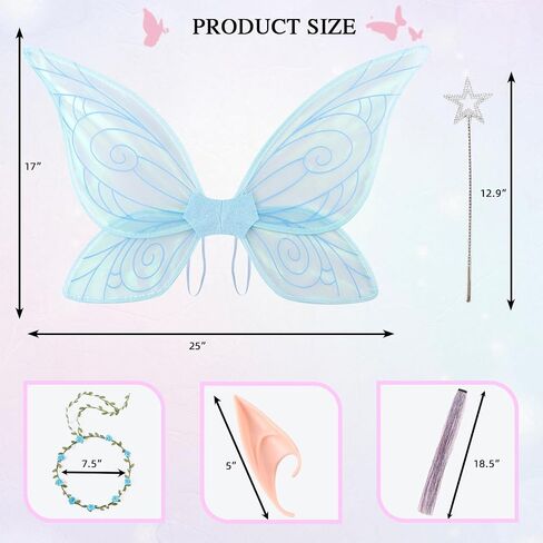 PESAAT Fairy Wings for Adult Sparkling Sheer Girls Butterfly Wings with Fairy Hair Tinsel,Elf Ears,Flower Garland,Wand in Kuwait