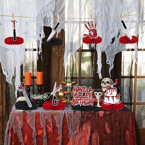 8 Pcs Have a Killer Birthday Party Decoration, Halloween Horror Theme Honeycomb Centerpieces 3D Double Sided Table Decorations for Bloody Horror Movie Birthday Party Supplies Decor in Saudi Arabia