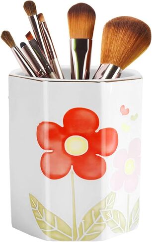 حامل قلم رصاص للمكتب منقوش على شكل زهرة كأس القلم للفتيات والأطفال منظم مكتب سيراميك متين حامل فرشاة مكياج منظم بتصميم زهور لطيف للمكتب والفصول الدراسية والمنزل in Kuwait