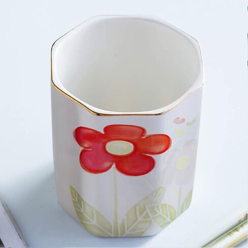 حامل قلم رصاص للمكتب منقوش على شكل زهرة كأس القلم للفتيات والأطفال منظم مكتب سيراميك متين حامل فرشاة مكياج منظم بتصميم زهور لطيف للمكتب والفصول الدراسية والمنزل in Kuwait