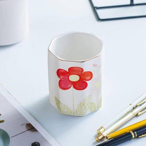 حامل قلم رصاص للمكتب منقوش على شكل زهرة كأس القلم للفتيات والأطفال منظم مكتب سيراميك متين حامل فرشاة مكياج منظم بتصميم زهور لطيف للمكتب والفصول الدراسية والمنزل in Kuwait